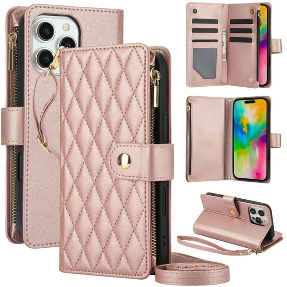 Dteck for iPhone 16 Plus Case, Crossbody Shoulder Strap RFID Blocking Shockproof Magnetic Closure Flip Stand Card Slot Wallet Zipper Lanyard Phone Case Cover, Rosegold