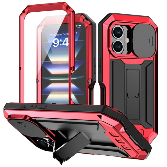 Dteck for iPhone 16 Plus Case Heavy Duty Protection Rugged Screw Full Body Military Grade Metal Rubber with Stand Hard Built in Screen Protector for iPhone 16 Plus,Red