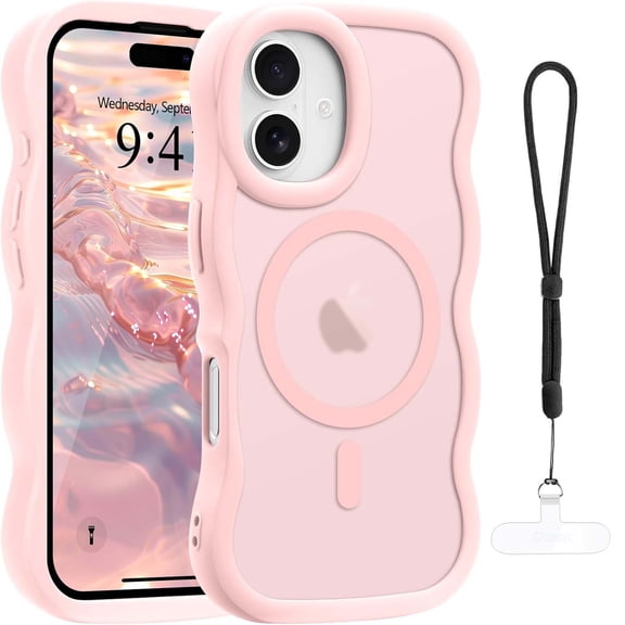 Dteck for iPhone 16 Plus Case with Lanyard, Curly Wavy Frame Translucent Frosted Back Cover for Women Men Compatible with Magsafe TPU Bumper Shockproof Phone Case for iPhone 16 Plus,Pink