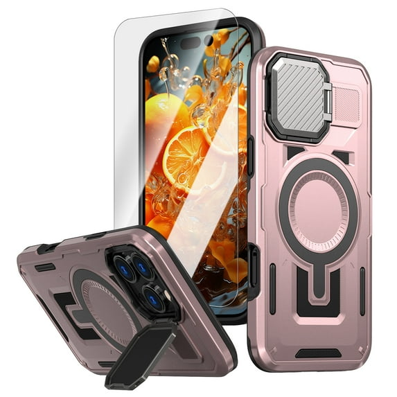 Dteck for iPhone 16 Plus Case with Screen Protector, Shockproof Magnetic Multi-Layer Military Lens Stand Heavy Duty Full Body Rugged Hard Shell, Rosegold
