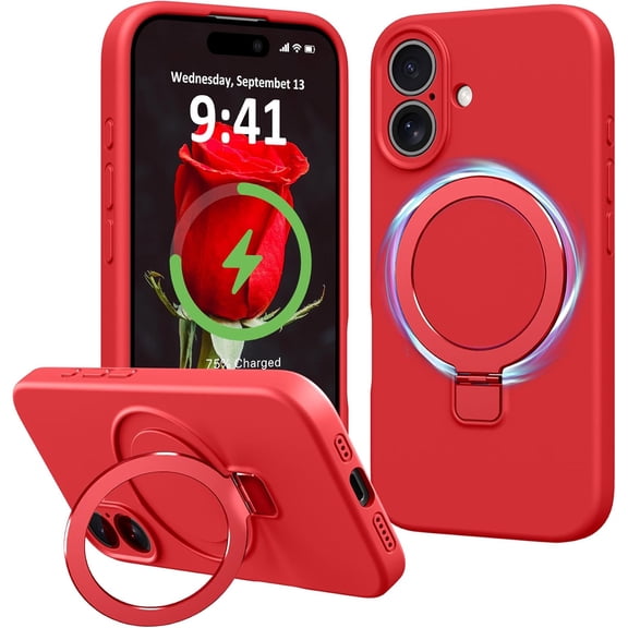 Dteck for iPhone 16 Plus Case with Stand, Slim Liquid Silicone Phone Cases for iPhone 16 Plus Compatible with MagSafe Magnetic Ring Kickstand Case Full Camera Protection,Red