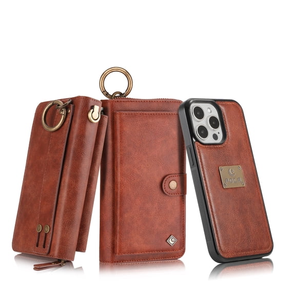 Dteck for iPhone 16 Plus Case Wallet with 14-Card Holder Soft PU Leather Handbag Purse with Metal Clip, Zipper Pocket Wallet with Detachable Phone Case for iPhone 16 Plus,Brown