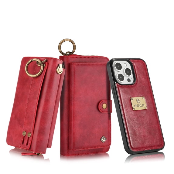 Dteck for iPhone 16 Plus Case Wallet with 14-Card Holder Soft PU Leather Handbag Purse with Metal Clip, Zipper Pocket Wallet with Detachable Phone Case for iPhone 16 Plus,Red