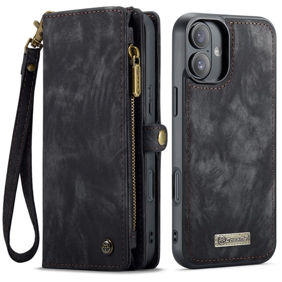 Dteck for iPhone 16 Plus Case Wallet with Card Holder & Detachable Magnetic Phone Case, Leather All-Round Protection Phone Case with Wrist Strap for Women/Men,Black