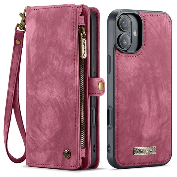 Dteck for iPhone 16 Plus Case Wallet with Card Holder & Detachable Magnetic Phone Case, Leather All-Round Protection Phone Case with Wrist Strap for Women/Men,Red
