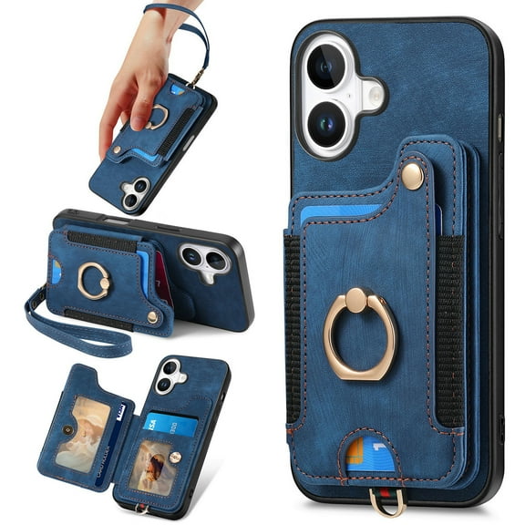 Dteck for iPhone 16 Plus Case Wallet with Card Holder,Ring Stand,RFID-Blocking PU Leather Protective Magnetic Flip Cover with Wrist Strap for iPhone 16 Plus 6.7",Blue