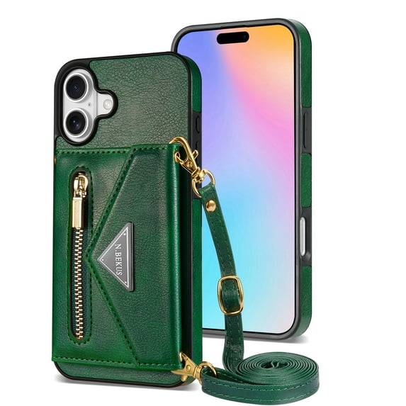 Dteck for iPhone 16 Plus Crossbody Wallet Case, Card Holder Kickstand Phone Case for Women with Lanyard, Durable Shockproof Slim Back Protective Cover for iPhone 16 Plus,Green