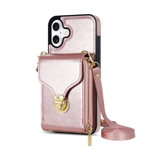 Dteck for iPhone 16 Plus Crossbody Wallet Case, Card Holder Zipper Phone Case with Shoulder Strap, Durable Leather Purse for Women Compatible with iPhone 16 Plus 6.7 Inch 2024,Rosegold