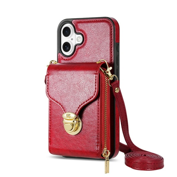 Dteck for iPhone 16 Plus Crossbody Wallet Case, Card Holder Zipper Phone Case with Shoulder Strap, Durable Leather Purse for Women Compatible with iPhone 16 Plus 6.7 Inch 2024,Red