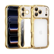 Dteck For iPhone 16 Plus Plating Cute Wave Frame Case with Luxury Bling Diamonds Sparkly Rhinestone for Women Girls Shockproof Slim Back Protective Phone Case, Gold
