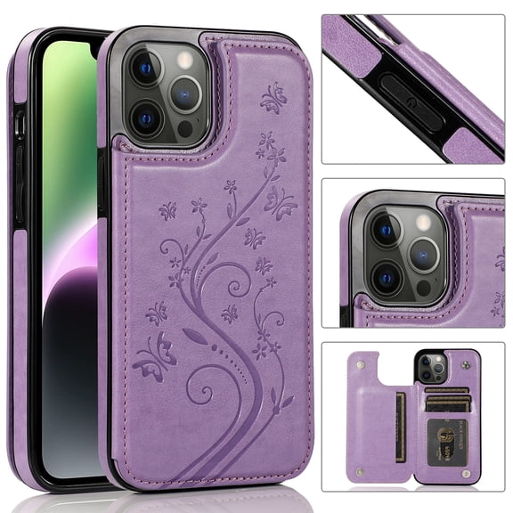 Dteck for iPhone 16 Plus Wallet Case with Card Holder, Embossed Floral PU Leather Kickstand Card Slots Case, Double Magnetic Clasp and Durable Shockproof Cover, Purple