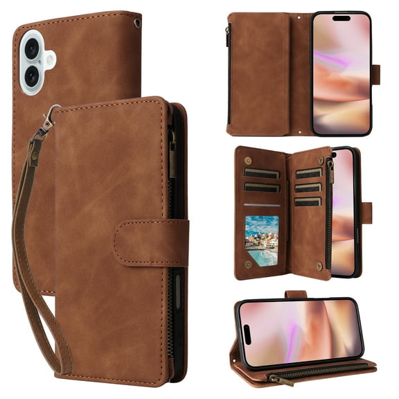 Dteck for iPhone 16 Plus Wallet Case, Crossbody Phone Purse with Card Holder for Women Men, Soft PU Leather Zipper Carry Cover with Shoulder Strap for iPhone 16 Plus,Brown
