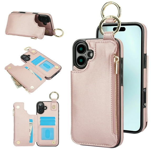 Dteck for iPhone 16 Plus Wallet Case, Flip Leather Case with RFID Blocking Card Holder Zipper Pocket, Ring Holder Kickstand Protective Folio Phone Cover for iPhone 16 Plus,Rosegold