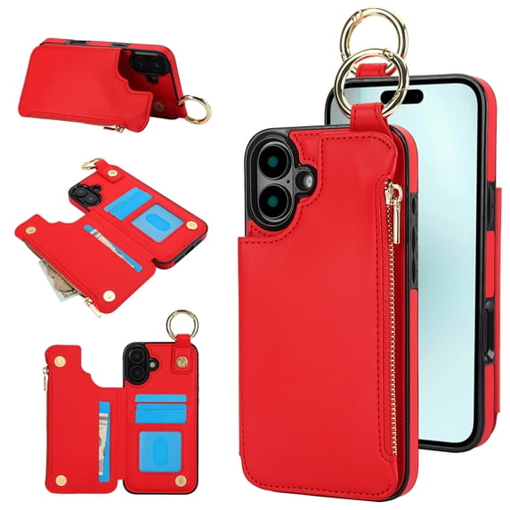 Dteck for iPhone 16 Plus Wallet Case, Flip Leather Case with RFID Blocking Card Holder Zipper Pocket, Ring Holder Kickstand Protective Folio Phone Cover for iPhone 16 Plus,Red