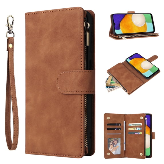 Dteck for iPhone 16 Plus Wallet Case,Soft PU Leather Wallet Case Magnetic Buckle Flip Cover with Card Slots/Zipper Pocket/Hand Strap for iPhone 16 Plus,Brown