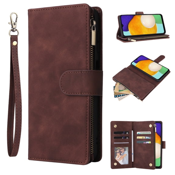 Dteck for iPhone 16 Plus Wallet Case,Soft PU Leather Wallet Case Magnetic Buckle Flip Cover with Card Slots/Zipper Pocket/Hand Strap for iPhone 16 Plus,Coffee