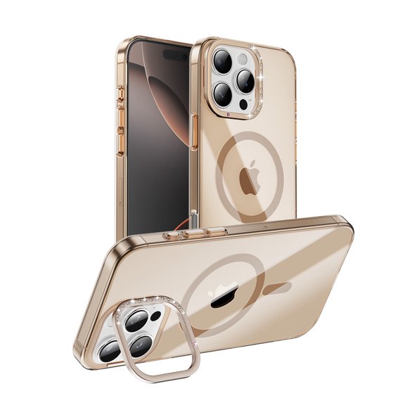 Dteck for iPhone 16 Pro Case with Built-in Camera Lens Stand, Compatible with MagSafe, Anti-Yellow Clear Military-Grade Protection Magnetic Slim 16 Pro Max Case 6.3",Gold/Diamond