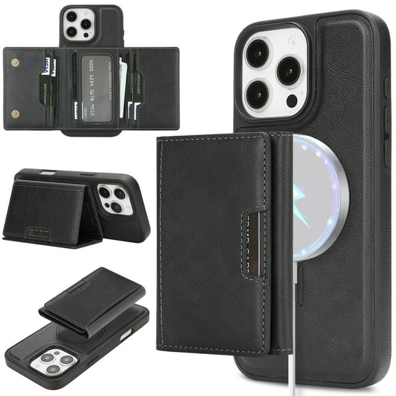 Dteck for iPhone 16 Pro Case, Compatible with MagSafe, 2 in 1 PU Leather Magnetic Detachable Credit Card Holder Flip Cover Kickstand for Men Women,Black