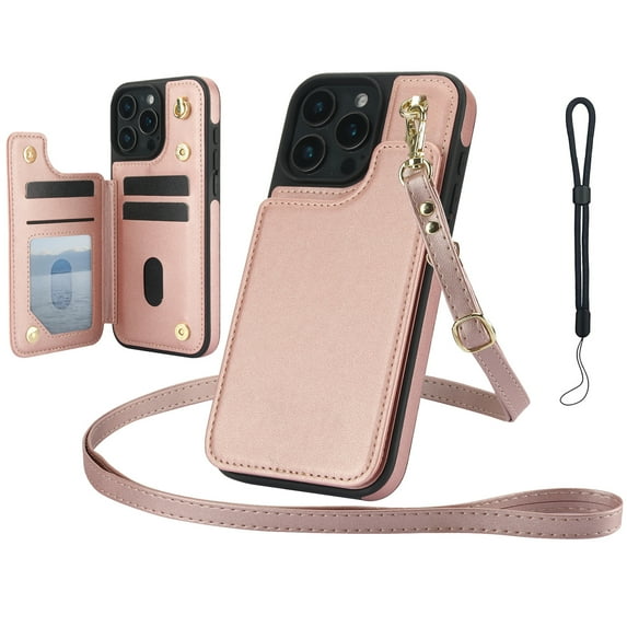 Dteck for iPhone 16 Pro Case Crossbody Wallet with Card Holder, Credit Card Slots Kickstand Shockproof Phone Cover with Wrist/Shoulder Strap for Women Men,Rosegold