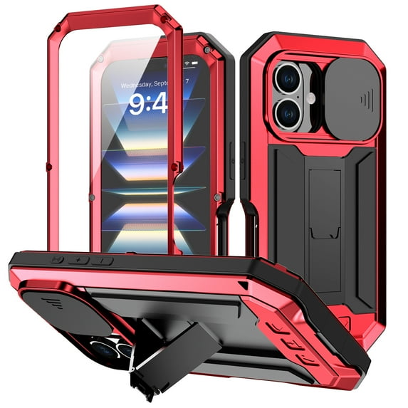 Dteck for iPhone 16 Pro Case Heavy Duty Protection Rugged Screw Full Body Military Grade Metal Rubber with Stand Hard Built in Screen Protector for iPhone 16 Pro,Red