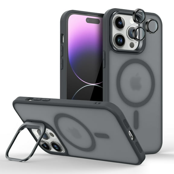Dteck for iPhone 16 Pro Case with Individual Camera Cover, Compatible with MagSafe, Built-in Camera Ring Stand,Translucent Matte Military-Grade Drop Protection Magnetic Case,Black