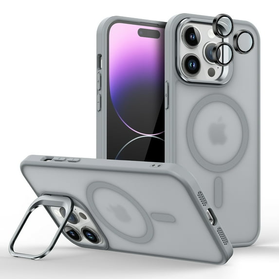 Dteck for iPhone 16 Pro Case with Individual Camera Cover, Compatible with MagSafe, Built-in Camera Ring Stand,Translucent Matte Military-Grade Drop Protection Magnetic Case,Gray