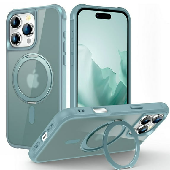 Dteck for iPhone 16 Pro Case with Invisible Magnetic 360° Rotating Stand,Compatible with MagSafe,Military-Grade Drop Protection Shockproof Bumper Translucent Case for iPhone 16 Pro,Blue