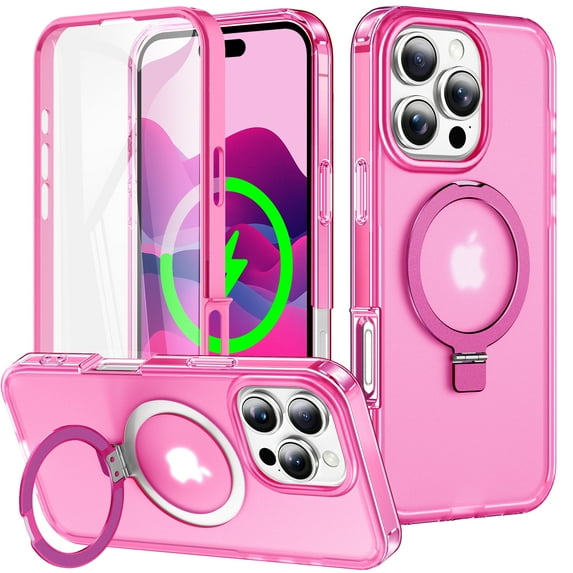 Dteck for iPhone 16 Pro Magnetic Case with Invisible Ring Stand, Translucent Protective Cover with Built-in Screen Protector,Rose