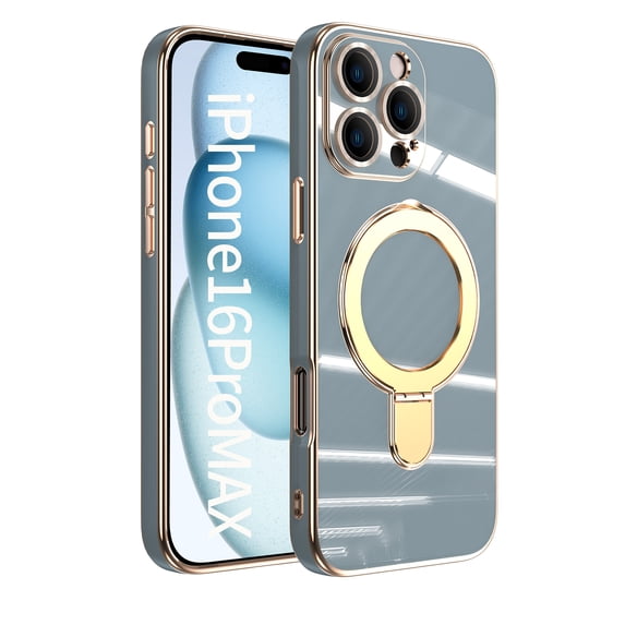 Dteck for iPhone 16 Pro Case with Magnetic Ring Holder Kickstand Compatible with MagSafe Case Built-in Camera Lens Protector Electroplated PC + TPU Slim Back Cover for iPhone 16 Pro,Gray