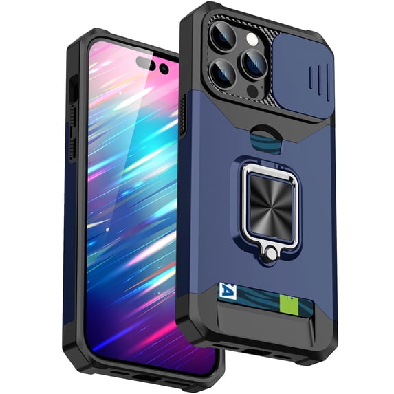 Dteck for iPhone 16 Pro Case with Sliding Lens Cover and Card Holder Heavy Duty Protective Case with Ring Magnetic Kickstand Wallet Card Holder Support Magnetic Car Mount Phone Case, Navy
