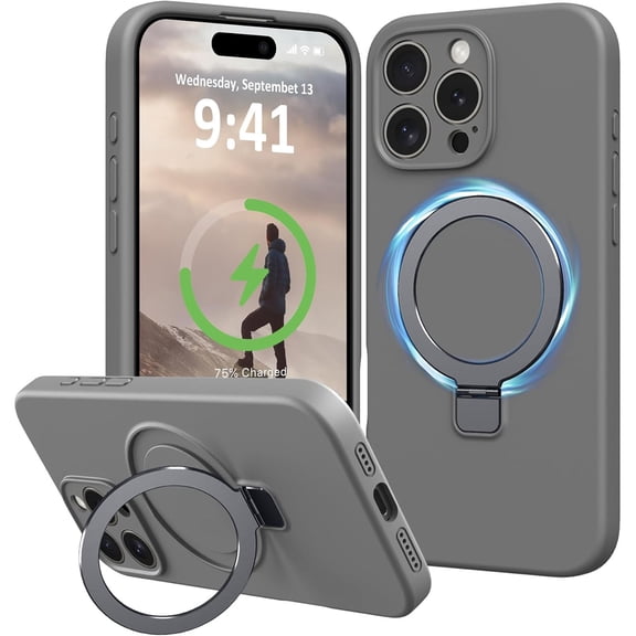 Dteck for iPhone 16 Pro Case with Stand, Slim Liquid Silicone Phone Cases for iPhone 16 Pro Compatible with MagSafe Magnetic Ring Kickstand Case Full Camera Protection,Gray