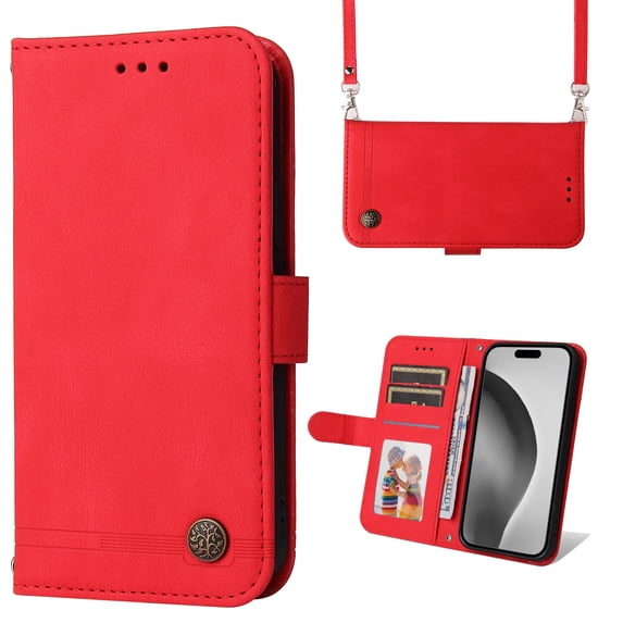 Dteck for iPhone 16 Pro Case Wallet with Card Holder, Crossbody Wallet Flip Cover for iPhone 16 Pro 6.3 Inch Men/Women, Shoulder Strap and Kickstand, Red