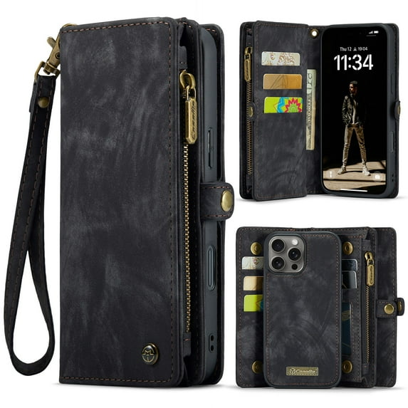 Dteck for iPhone 16 Pro Case Wallet with Card Holder & Detachable Magnetic Phone Case, Leather All-Round Protection Phone Case with Wrist Strap for Women/Men,Black