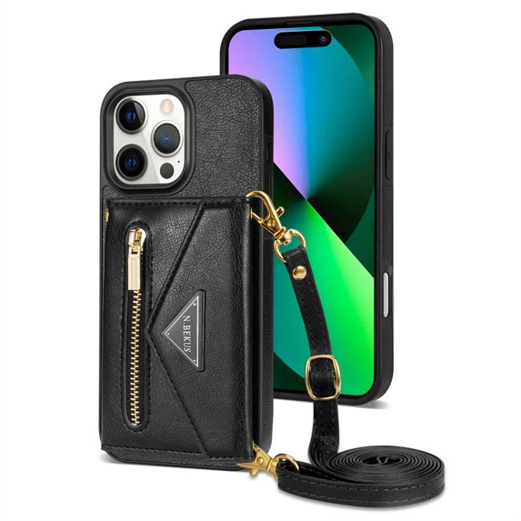 Dteck for iPhone 16 Pro Crossbody Wallet Case, Card Holder Kickstand Phone Case for Women with Lanyard, Durable Shockproof Slim Back Protective Cover for iPhone 16 Pro,Black