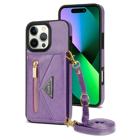 Dteck for iPhone 16 Pro Crossbody Wallet Case, Card Holder Kickstand Phone Case for Women with Lanyard, Durable Shockproof Slim Back Protective Cover for iPhone 16 Pro,Purple