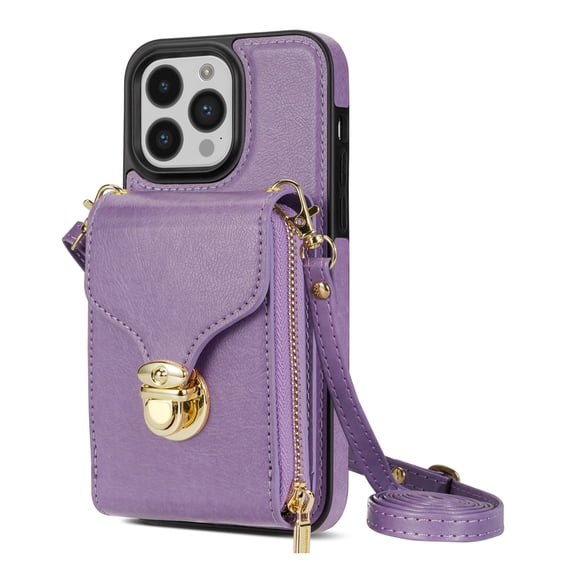 Dteck for iPhone 16 Pro Crossbody Wallet Case, Card Holder Zipper Phone Case with Shoulder Strap, Durable Leather Purse for Women Compatible with iPhone 16 Pro 6.3 Inch 2024,Purple