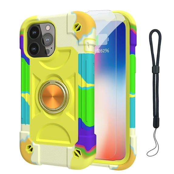 Dteck for iPhone 16 Pro Mac Case with Screen Protector (2 Packs), 360°Rotate Ring Stand Military Grade Drop Protection Full Body Cute Case for iPhone 16 Pro Max 6.9 Inch,Rainbow Yellow