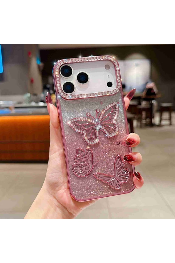 for iPhone 16 Pro Max Bling Diamond Butterfly Case, Cute Luxury Sparkle Glitter Diamond Crystal Rhinestone Protective Case Cover for Girls Women Kids, Pink