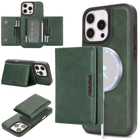 Dteck for iPhone 16 Pro Max Case, Compatible with MagSafe, 2 in 1 PU Leather Magnetic Detachable Credit Card Holder Flip Cover Kickstand for Men Women,Green