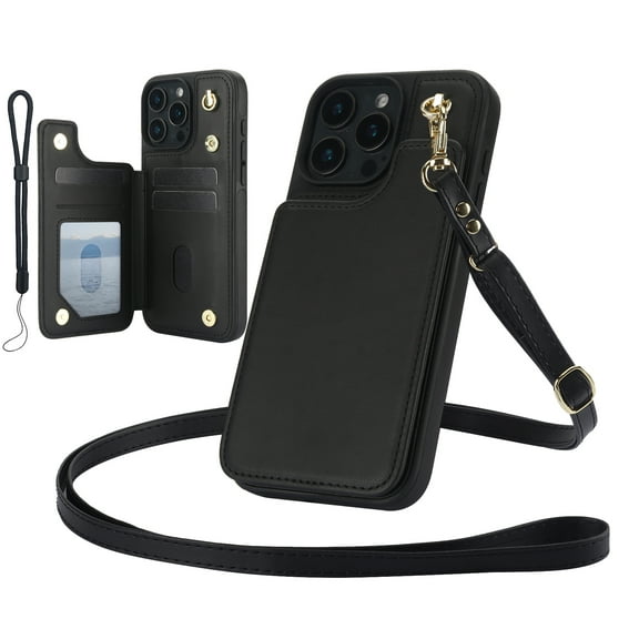 Dteck for iPhone 16 Pro Max Case Crossbody Wallet with Card Holder, Credit Card Slots Kickstand Shockproof Phone Cover with Wrist/Shoulder Strap for Women Men,Black