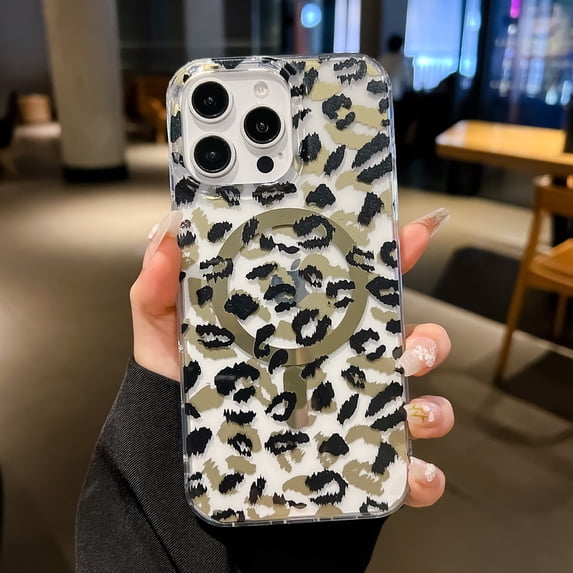 Dteck iPhone 16 Pro Max Case, Glossy Leopard Print Back Cover, Shock-Absorbent PC+TPU, Magnetic Slim Protective Cover for iPhone 16 Pro Max, Black