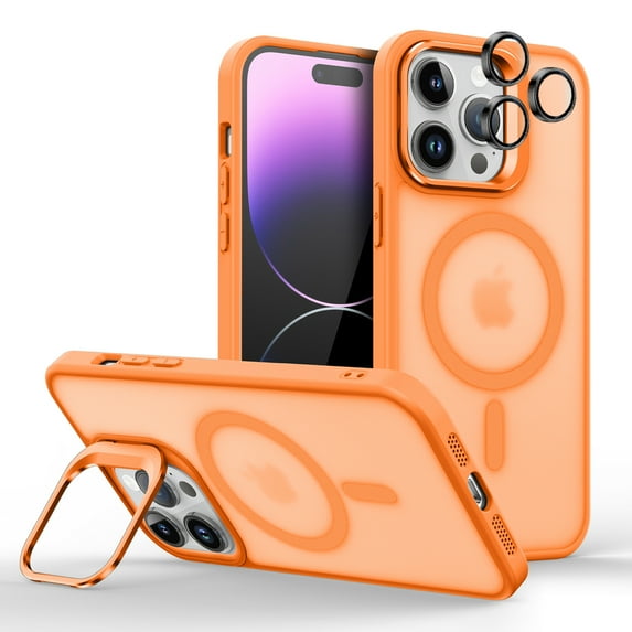 Dteck for iPhone 16 Pro Max Case with Individual Camera Cover, Compatible with MagSafe, Built-in Camera Ring Stand,Translucent Matte Military-Grade Drop Protection Magnetic Case,Orange