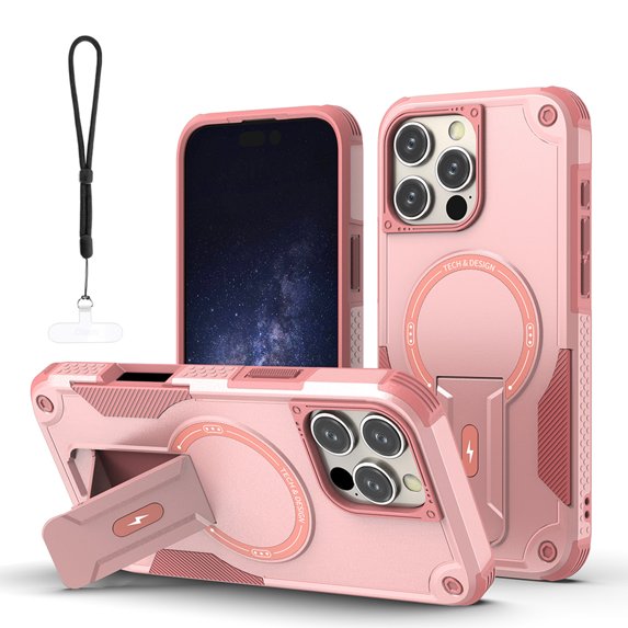 Dteck for iPhone 16 Pro Max Case with Kickstand & Phone Lanyard, Compatible with MagSafe Shockproof Bumper Cases Heavy-Duty Magnetic Protective Cover,Pink