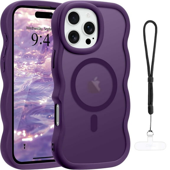 Dteck for iPhone 16 Pro Max Case with Lanyard, Curly Wavy Frame Translucent Frosted Back Cover for Women Men Compatible with Magsafe TPU Bumper Shockproof Phone Case for iPhone 16 Pro Max,Purple