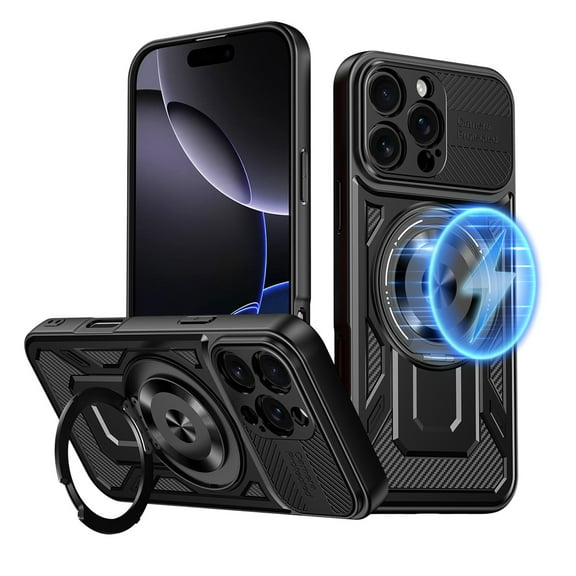 Dteck for iPhone 16 Pro Max Case with Stand, Military Grade Drop Protection, Shockproof Magnetic Phone Case with Rotating Ring Holder, Compatible with MagSafe Accessories,Black