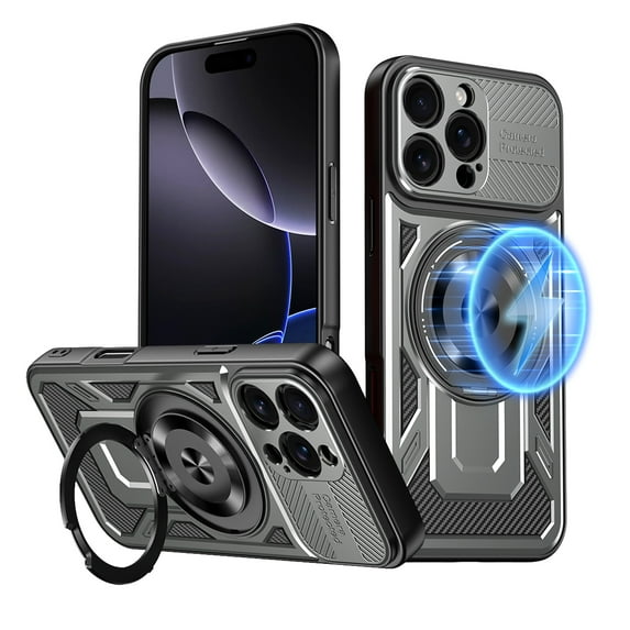Dteck for iPhone 16 Pro Max Case with Stand, Military Grade Drop Protection, Shockproof Magnetic Phone Case with Rotating Ring Holder, Compatible with MagSafe Accessories,Gray