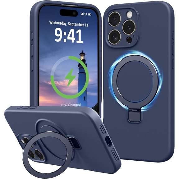 Dteck for iPhone 16 Pro Max Case with Stand, Slim Liquid Silicone Phone Cases for iPhone 16 Pro Max Compatible with MagSafe Magnetic Ring Kickstand Case Full Camera Protection,Navy Blue