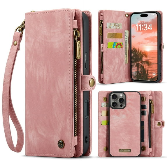 Dteck for iPhone 16 Pro Max Case Wallet with Card Holder & Detachable Magnetic Phone Case, Leather All-Round Protection Phone Case with Wrist Strap for Women/Men,Pink