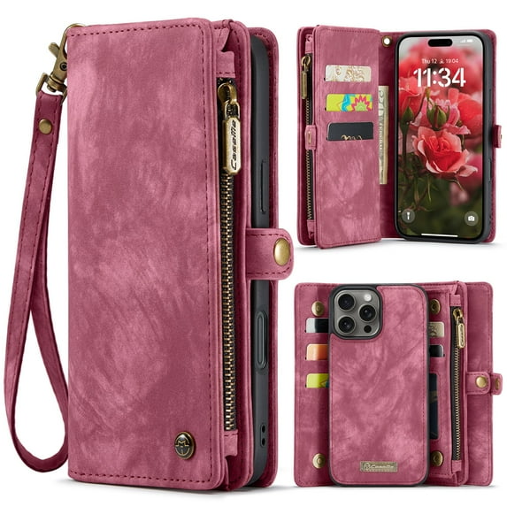 Dteck for iPhone 16 Pro Max Case Wallet with Card Holder & Detachable Magnetic Phone Case, Leather All-Round Protection Phone Case with Wrist Strap for Women/Men,Red