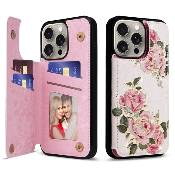 Dteck for iPhone 16 Pro Max Case Wallet with Card Holder,RFID Blocking PU Leather Floral Flower Pattern Flip Folio Kickstand Case with Double Magnetic Clasp,Three Roses